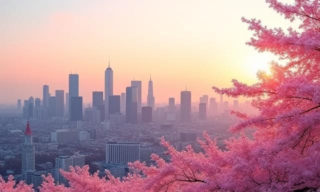 東京摩天楼と桜。グローバルなビジネスの象徴